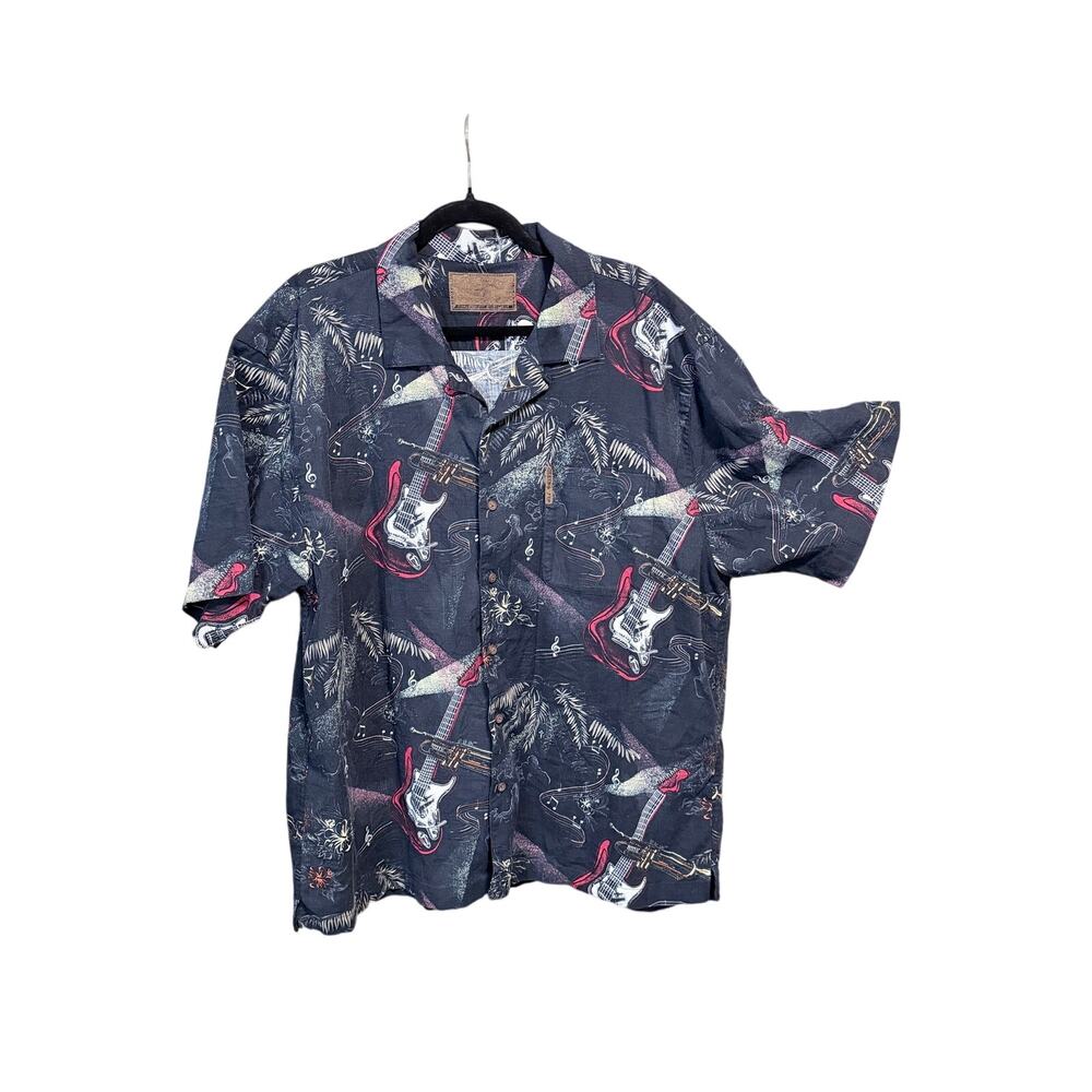 clearwater black camp shirt tropical guitars music button front short sleeve XL
